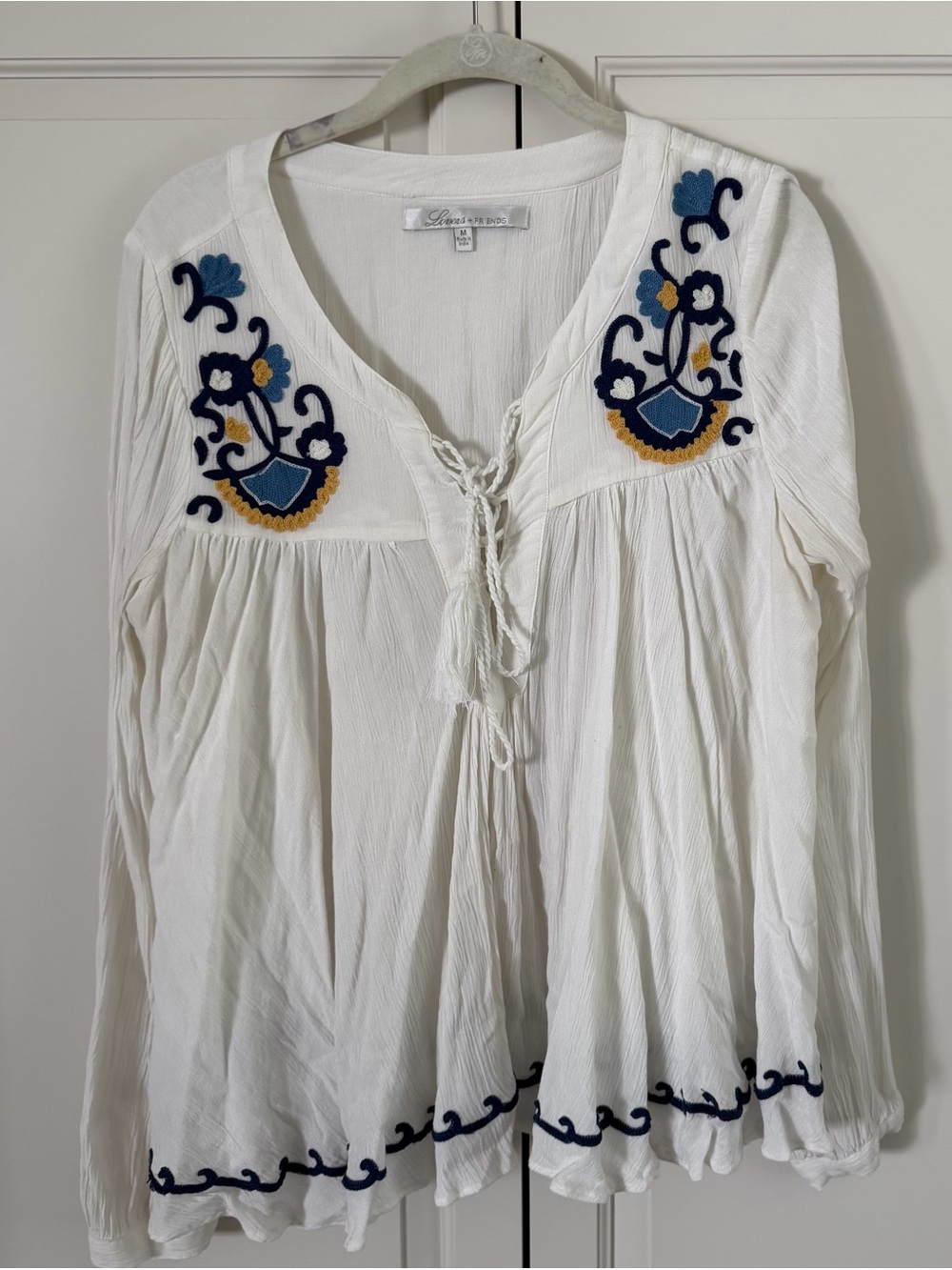 Lovers + Friends White Peasant Top with Blue & Gold Embroidery Size M